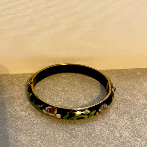 Vintage Cloisonné Brass Tone Slide Claps Hinged Oval Bracelet - Picture 3 of 9